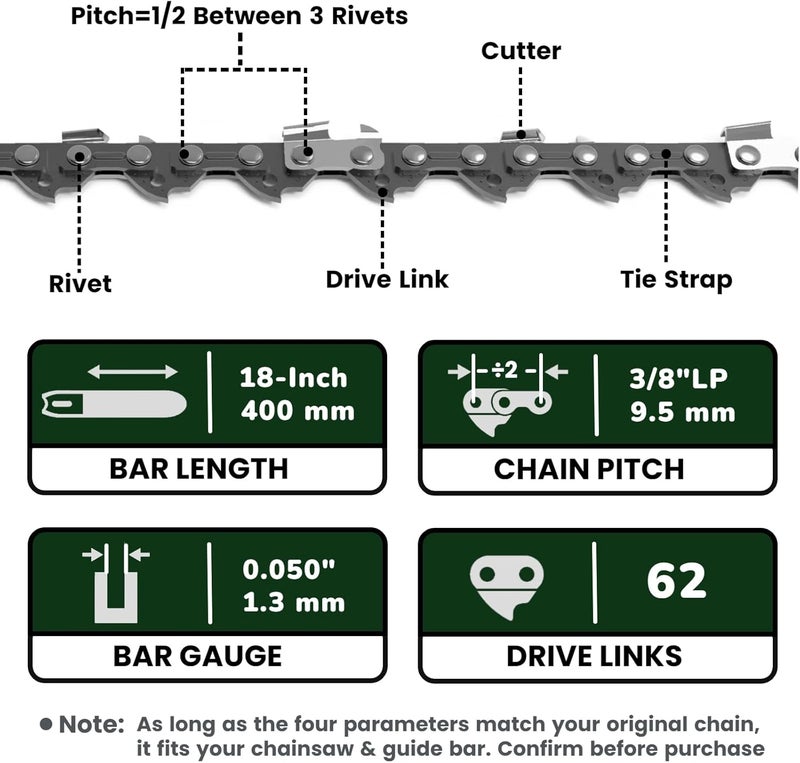 Wangenbro New 18 Inch Chainsaw Chain 3/8"LP Pitch .050" Gauge 62 Drive Links, 18 Inch Replacement Chain for EGO, Dewalt, Greenworks, Kobalt, Ryobi, Husqvarna, Echo, Poulan, Black+Decker, Atlas and More - S62 - Image 2